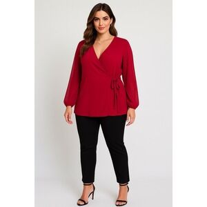 Maurices Wrap Top Womens 3X Red Ribbed‎ Micromesh Dot Print Ribbed Knit Romantic